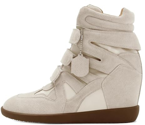 Dsevht Hidden Wedge Sneakers for Women High Top Fashion Sneaker Suede High Heel Platform Tennis Triple Strappy Band Casual Vintage Dressy Comfy Campus Trendy Retro Sneaker, Beige, 7 UK