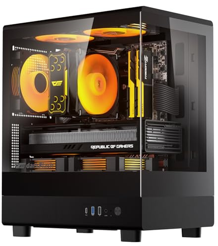 darkFlash DB330M Micro-ATX Boîtier PC de jeu, double verre trempé panoramique 270°, 3 ventilateurs PWM ARGB pré-installés, design de flux d'air vertical, E/S avant de type C, prend en charge jusqu'à