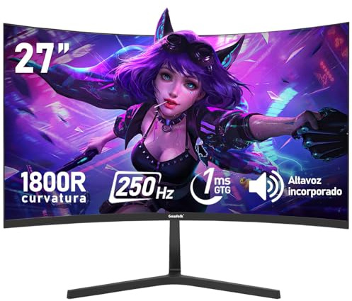 Gawfolk Panel de 27 Pulgadas, Monitor de computadora Curvo Gaming 1800R 250Hz, FHD 1080p 1ms, Freesync, 98% sRGB, Altavoces Integrados, HDMI 2.0, DisplayPort, Compatible con Montaje en Pared - Negro