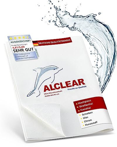 ALCLEAR 950002 Mikrofasertuch Glastuch & Fenstertuch – 60×45 cm streifenfrei & fusselfrei – Ultra-Mikrofaser für Glasreinigung im Haushalt & Auto – spart Zeit ohne Nachtrocknen – Made in Germany