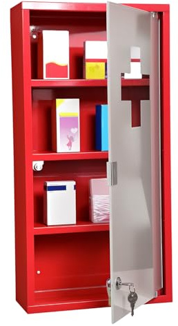 HOMCOM Armoire à Pharmacie 3 étagères 4 Niveaux verrouillable Porte Verre trempé dépoli Logo Croix 30L x 12l x 60H cm Acier Rouge