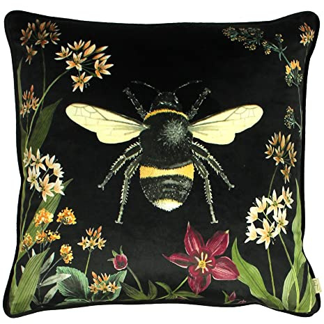 Evans Lichfield Midnight Garden Cushion Cover – Bee Botanical Velvet Design (Bee – 43 x 43 cm)