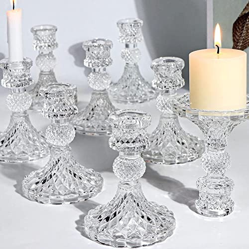 DARJEN Candlestick Holders Set,12Pcs 4 H Taper Candle Holders Bulk, Clear Glass Candle Holders for Wedding, Spring Party, Romantic Dinner, Festival & Windowsill Decor