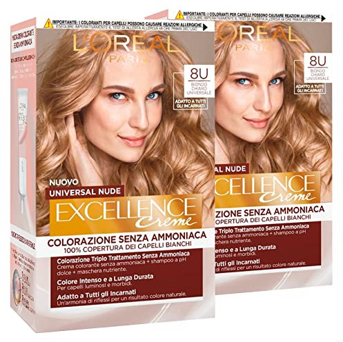 L'Oréal Paris - Tinte permanente Excellence Creme Universal Nude 8U Rubio Claro Universal Cubre 100% de las canas de larga duración con micro-Cheratina – 2 tintes