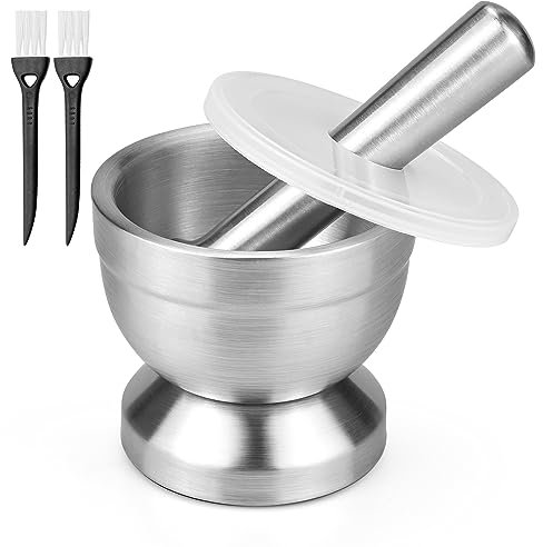 Mörser mit Stößel, Edelstahl Mörser & Stößel Set mit Deckel & Reinigungsbürste Klein Mörser mit Schlegel, Ø 10cm (3.9) Lebensmittelecht Pestle & Mortar Gewürzmörser zum Mahlen, Zerkleinern & Pürieren