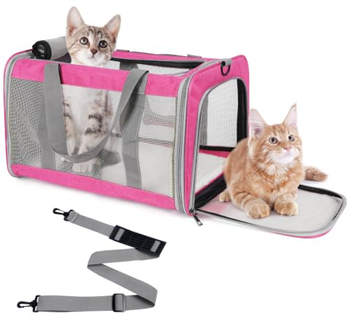TIYOLAT Pet Carrier for Large Cats of 20 Lbs, Collapsible Carrier Bag for Big Cat or 2 Kittens,Soft Sided Puppy Carrier with Sturdy Travel Transport Strap, Adequate Ventilation, 4 Mesh Windows(Pink)