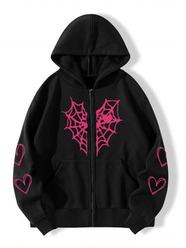 Oversized Y2K Zip Up Hoodie for Women Men Gothic Spider Web Heart Graphic Sweatshirt Punk Harajuku Alt Emo Streetwear, Rose Pink, XXXL