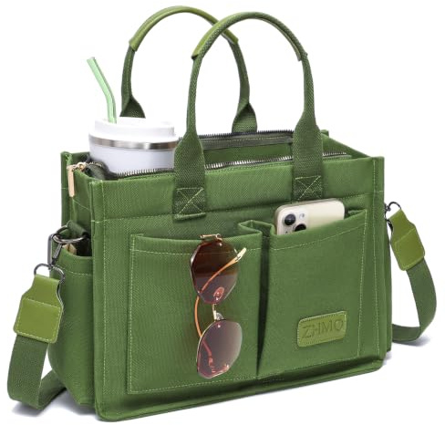 ZHMO Canvas Tote Bag for Women With Compartments and Zipper,Women's Bags Crossbody Bags Work Laptop Tote Bag Large Satchels Handbag Tote Purse Everyday Shoulder Bag for Travel Nurse Teacher Church