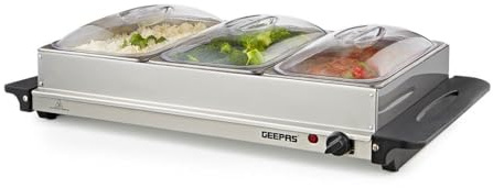 GEEPAS 300W Electric Food Warmer Buffet Server for Table – 3 x 2.4 Litre Stainless Steel Buffet Trays with Lids – Variable Temperature Control & Plate Warmer Function Cool-Touch Handles Chafing Dishes