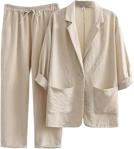 Goolecrimp Blazer Casual da Donna in Cotone e Lino e Pantaloni Dritti a Gamba Larga Completo da Lavoro Estivo in Due Pezzi Abito Casual da Lavoro (Albicocca,M)