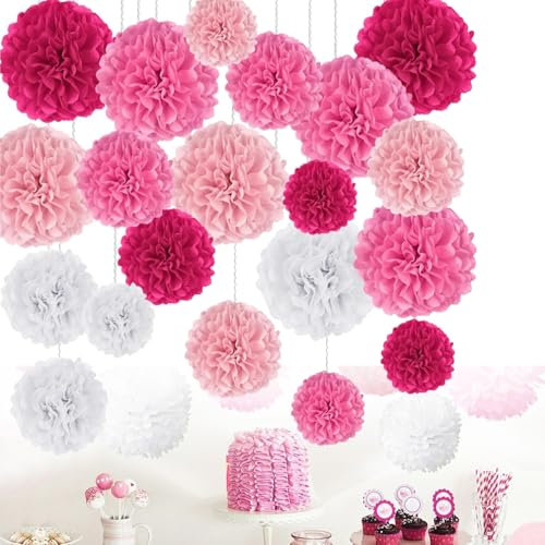 20pcs Pink Party Decorations - Tissue Paper Pom Poms, Lanterns, Honeycomb Balls for Wedding, Birthday -Easy to Assemble, Reusable Party Supplies
