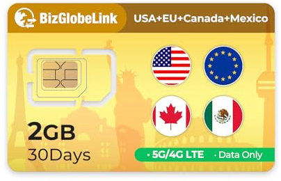 EIOTCLUB Tarjeta SIM de Viaje, 2 GB de Datos por 30 Días, Sirve en EE. UU., Canadá, México y 33 Países de Europa, Solo Datos, Sin Teléfono ni SMS, Plug and Play