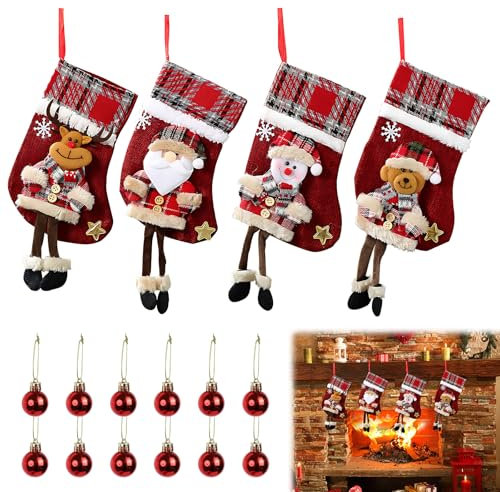 PRZRAO 4 Stück Weihnachtsstrumpf 33 x 15 cm Nikolausstrumpf Kinder Nikolaus Socken Wiederverwendbar Weihnachtssocken Kamin Klein Nikolausstiefel für Weihnachtsbaum