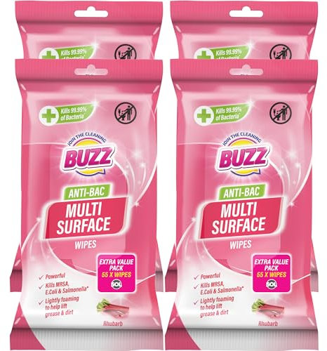 Buzz 220pk Anti-Bac Multisurface Wipes, 18cm x 19cm Rhubarb Scented Cleaning Wipes for Kitchen, Home & Office Surfaces, Multi-Purpose Surface Cleaner, Streak-Free, Quick-Drying, Remove Grease & Dirt