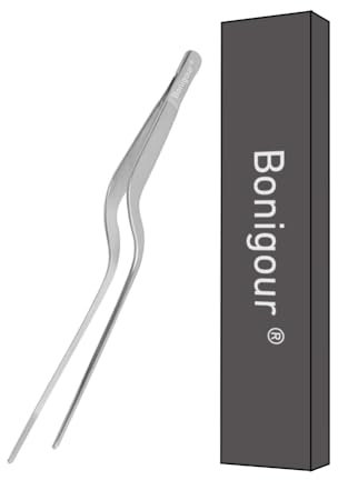 Bonigour Pinzette sfalsate con precisione da 20 cm, pinze da cucina in acciaio inossidabile, pinza da cucina curva, pinza multiuso di precisione per placcatura, decorazione