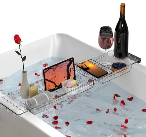 Étagère de baignoire en plastique transparent réglable pour livres, téléphone, bougies, vin et tablette, accessoires de baignoire