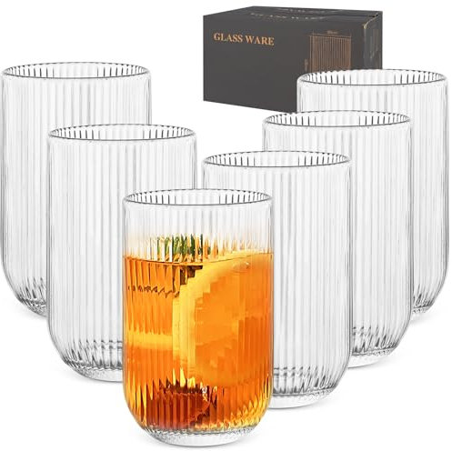 Iceten Highball Glasses, 440ML Clear Drinking Glasses Set, Vintage Glassware, Cocktail Juice Water Drinking Glassware, Coffee Mugs Set of 6, Juice Glasses, Highball Glass Cups, Beverage Cup
