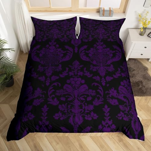 Loussiesd Lila Schwarz Bettwäsche Set 135x200cm Vintage Damast Floral Gothic Böhmen Floral Bettbezug Kinder Jungen Mädchen Oriental Antik Betten Luxus Blume Bettwäsche-Set