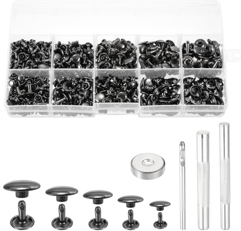 PATIKIL 340 Set Double Cap Leather Rivets Kit, 6mm-10mm Mixed Sizes Round Cap Tubular Metal Studs Leather Crafting Rivet for Fabric Belt Pet Collar Boot Bag Repair and Decoration,Gunmetal