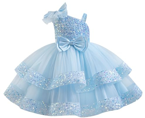 ABEHIK Girls Sleeveless Summer Poncho Dresses Sequin Tulle Dress for Party Flower Girl Birthday Wedding Dress Sky Blue 110cm