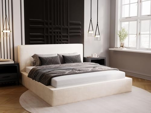 GRAINGOLD Monaco Bett 200x200, Polsterbett mit Bettkasten, Polsterbett mit Stauraum, Velour, mit Lattenrost, mit Kopfteil, ohne Matratze (Creme, 200x200)