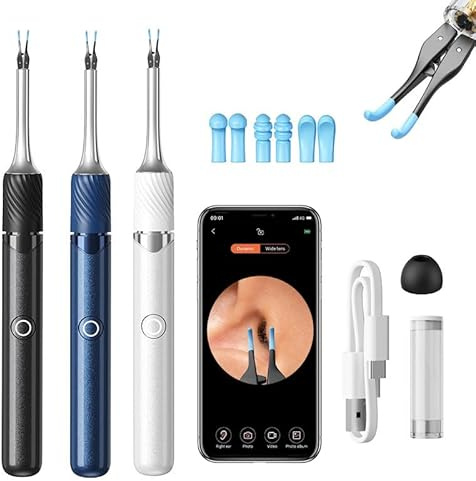 Velaryx Limpiador de Oídos con Cámara HD 12MP – Endoscopio Auricular WiFi con Luz LED, Pinzas y Cucharillas de Silicona, Otoscopio Digital Portátil para Eliminación de Cera en Adultos, Niños y Mascota