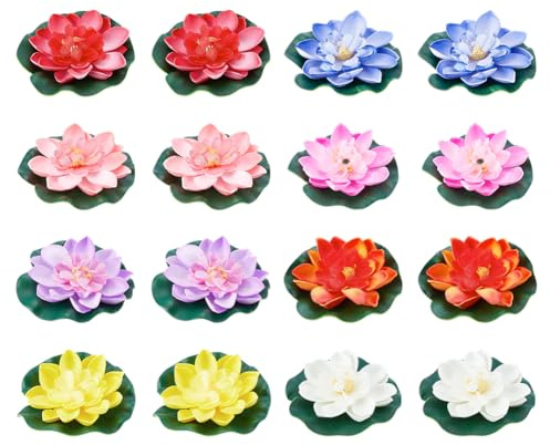 SUPERFINDINGS 16 pezzi, 8 colori, fiori di loto artificiali, galleggianti, foglie di ninfea, decorazione realistica, fiori di ninfea, in plastica, per piscine, acquari, laghetti