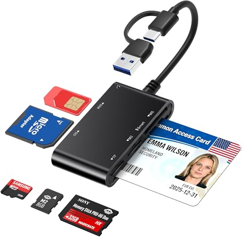 7-in-1 Smart Card Reader with USB-C & USB-A - Military CAC & PIV Card Reader, SIM Card Adapter, SD/TF/Memory Stick Pro Duo/M2/MMC Memory Card Reader for Windows, Mac, Linux – Plug and Play