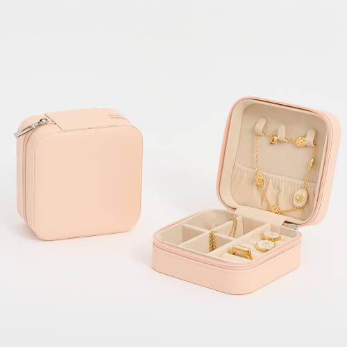 Travel Jewelry Box for Women, PU Leather Organizer Case with Velvet Interior, Modern Minimalist Style, Portable Storage for Necklaces Rings, 4 Colors Available, 15x15x15 cm (Rose Pink)