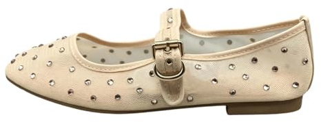 Zapatos de bailarinas de mujer con diamantes de imitación elegantes con lunares planos retro transpirables Mary Jane suaves zapatos de verano con lazo de piel sintética para bodas, Estilo J01 Beige
