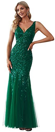 Ever-Pretty Vestidos de Fiesta Sirena Sin Mangas Cuello en V Lentejuelas Tul Corte Imperio para Mujer Verde Oscuro 40
