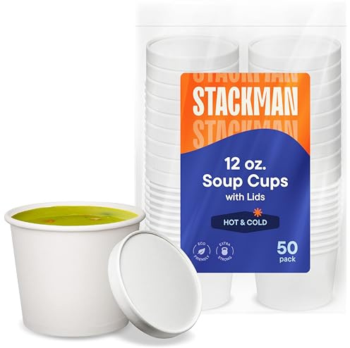 [12 oz. - 50 Sets] Paper Food Container with Lid, Insulated Food Cups with Vented Lids - Hot or Cold To Go Soup Cup, for Soups, Ice Cream and Yogurt - Eco-Friendly - White