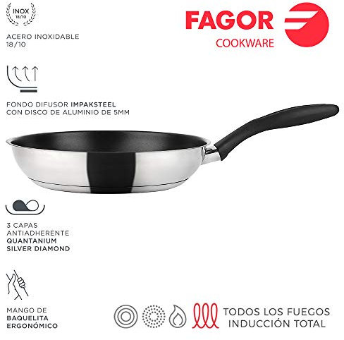 Fagor Inoxtherm Sartén Inducción 18 cm, Acero Inoxidable, Antiadherente Ecológico Titanio QUANTANIUM sin PFOA, Fondo Difusor, Apta para Todas Las Cocinas, Vitrocerámica, Gas, Lavavajillas