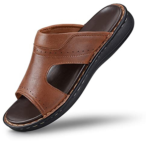 FIEEIF Men's Leather Slides Open Toe Outdoor Slippers Comfort Arch Support Retro Casual Flip Flops Summer Fisherman Slip On Sandals for Men Brown Size 10