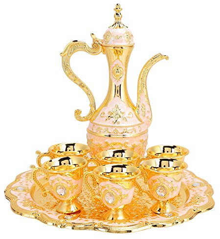 Cafetière Turque Vintage avec 6 Tasses à Café, Ensemble de Thé en Métal, Théière Artisanale, Rose Doré, pour Mariage