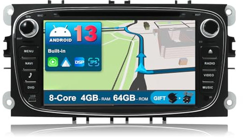 JOYX Android 10 Bilradio för Ford Focus/Mondeo/S-Max/C-Max/Galaxy - [4G+64G] - Inbyggd DSP/Carplay/Android Auto - 2 Din - Gratis MIC-kamera - Stöd Bluetooth Dab Volant WLAN 360-Cam Fast-Boot