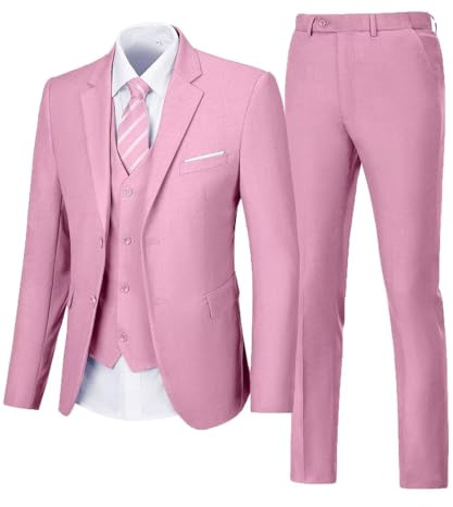 Costumes 3 pièces Slim fit Smoking Mariage Parrain Costume pour fête de Remise de diplôme décontracté Veste d'affaires Gilet Pantalon Ensemble Rose Moyen, Rosé, M