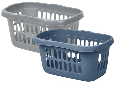 (Set of 2) 60L Litre Plastic Hipster Laundry Basket Washing Clothes High Grade Linen Storage Bin Tidy Storage Basket Organiser for Bathroom Laundry Room Kids Nursery (Midnight Navy + Silver)