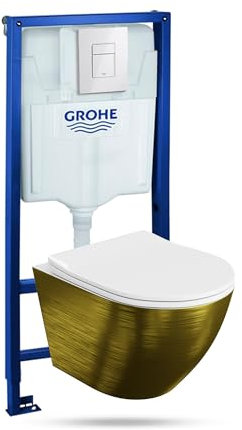 LAVITA | Élément mural Solido + WC suspendu Sofi Slim doré brossé sans bord + abattant WC SoftClose | Bouton blanc brillant | Kit complet | Réservoir de chasse encastré | Kit complet | Kit complet |