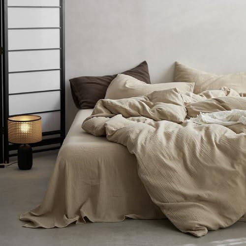 Sedefen Doppelte Musselin Bettwäsche 200x200 Baumwolle,Beige Bettwäsche Sets ÖKO-TEX Bettwäsche mit Reißverschluss,Bettbezug mit 2 Kissenbezüge 80x80 cm