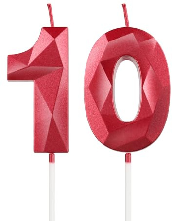 mciskin Red 10th Birthday Candles, 3D Number 10 Candles for Cake, Girls Boys 10th Birthday Decorations,Pearl Red Candle Cake Topper Decorations for Birthday Party Weddings Anniversary Supplies