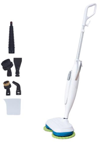 STEAM TWISTER/STEAM SPINNER – TELESHOPPING – VENTEO – Escoba de vapor automático – Doble cabezal giratorio – Vapor hasta 120 °C – Disco de microfibra lavable – 8 accesorios