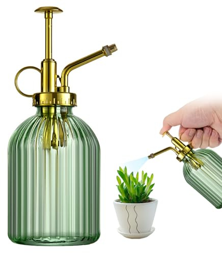 Plant Mister Water Spray Bottle for Plants Creative Hand Pressure Water Bottle Glass Flower Sprayer (Green+Golden Sprinkler) Home Accessories