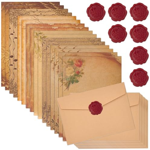 EUIEUT 16 pezzi di carta da lettere B5 vintage con busta, set di carta kraft per lettere, stile retrò, con 16 sigilli di cera, 16 buste