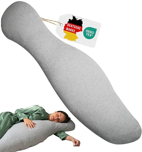 Opanoli® ergonomisches Seitenschläferkissen mit Bezug aus 100% Baumwolle Grau – Schwangerschaftskissen in einzigartiger Körperform – Öko-Tex – waschbar – Kuschelkissen – Stillkissen – Bodypillow