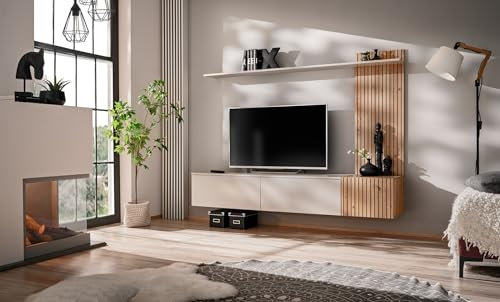 Deconation Ensemble Meuble TV Solo - Beige - L 180 X H 130 X P 40 Cm