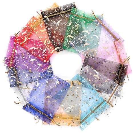 ZEACCT 200 Pièces Sacs Organza Lune Étoiles, Pochettes Bijoux Étoile Lune, Sac Bijoux Étoile Colorée, Cordon Serrage Sac Organza, pour Mariages, Fêtes, Noël et Anniversaires