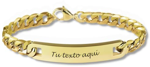 LUTTO Pulsera esclava, Pulsera personalizada, Pulsera acero inoxidable personalizable, Texto grabado, hombre y mujer para Navidad, cumpleaños, enamorados, amigo invisible. (Hombre dorado B 22 x 1 cm)
