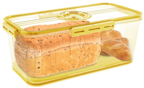 Bread Bin Airtight Bread Box,Time Recording Bread Box with Lid, Clear Breads Bins Storage for Kitchen Countertop, Plastic Breads Keeper with Air Valve for Bun Bagel Sandwich (Yellow-32.5X17.5X11CM)