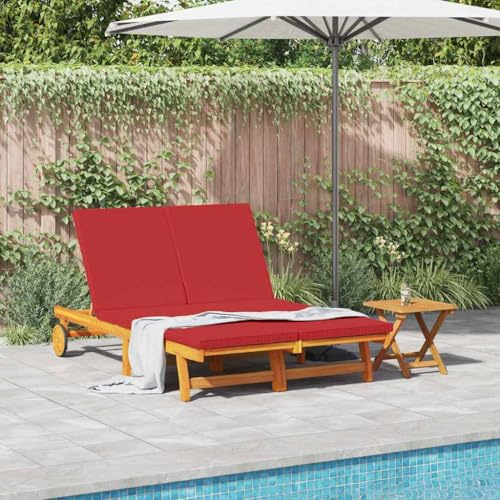 Holamys Lettino doppio da giardino in legno massello di acacia con ruote e comodo cuscino per rilassare il sole all'aperto, ideale per piscina e terrazza